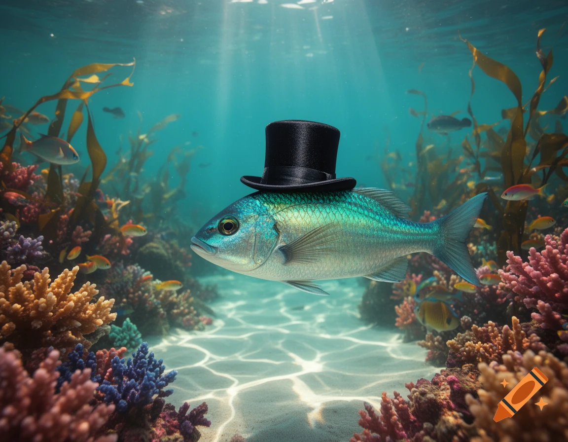 A photorealistic image of a fish wearing a black top hat swimming in a vibrant coral reef.