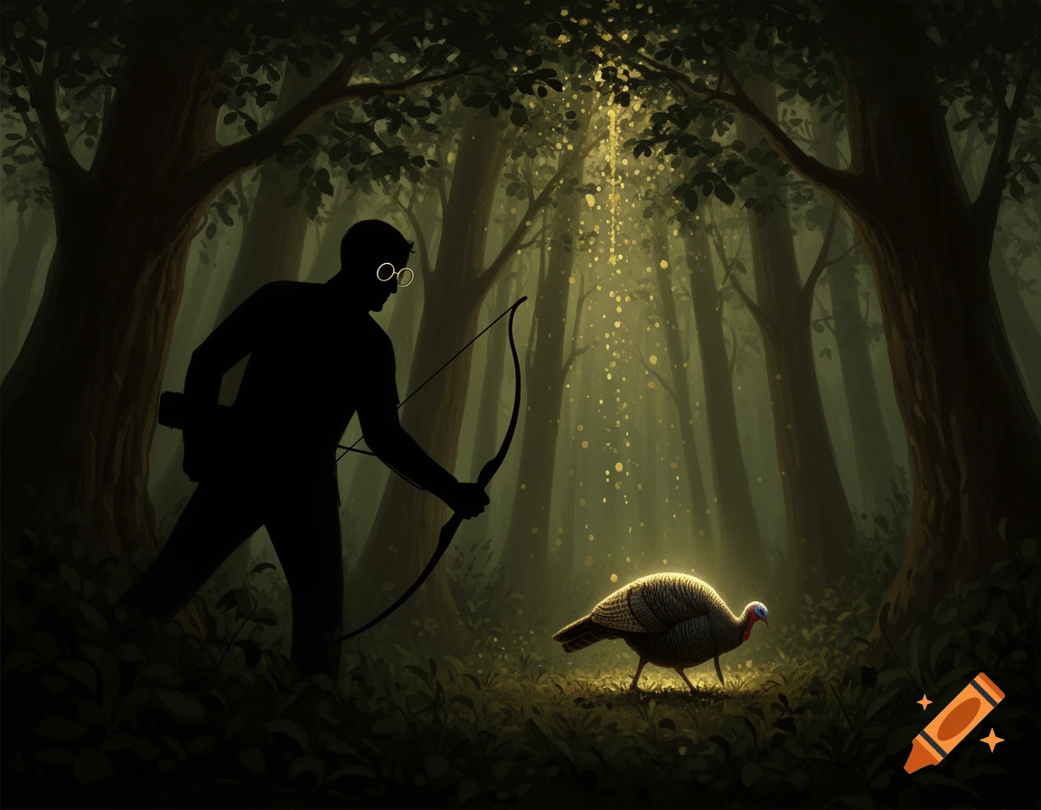 A silhouetted man with glasses and a bow aims at a glowing turkey in a dark, misty forest with light filtering through the trees.