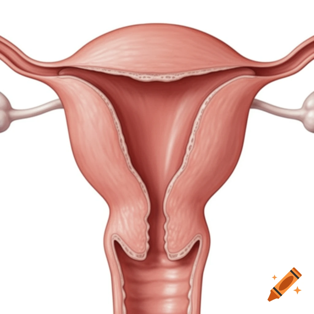 An anatomical illustration of the human female reproductive system, including the uterus, fallopian tubes, and ovaries.