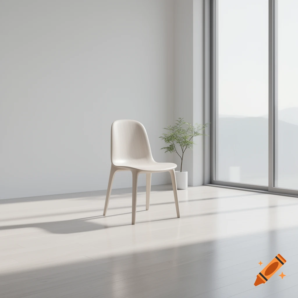 A light-colored chair in a minimalist room with a small plant next to a large window.