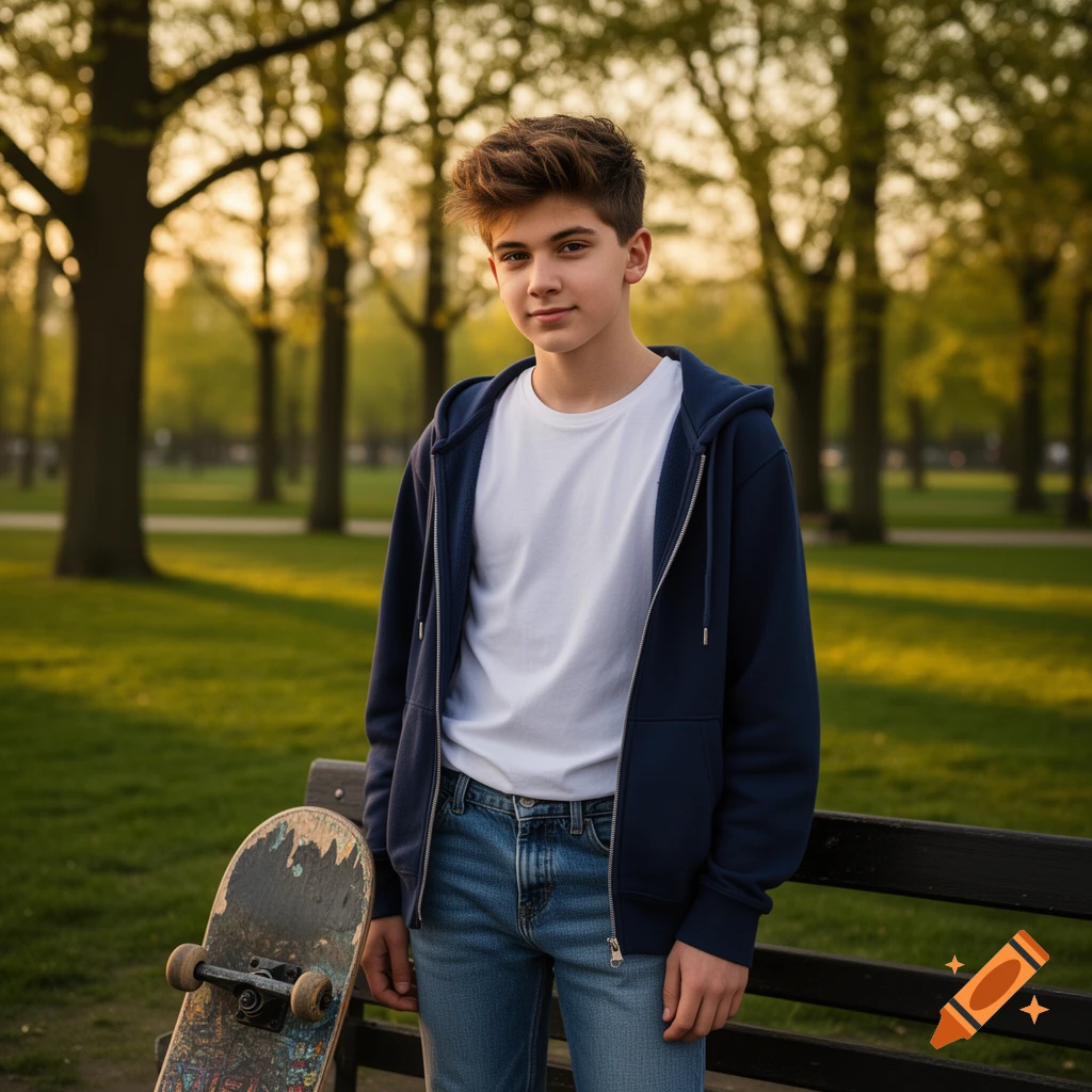 A teenage boy in a blue hoodie and jeans stands next to a skateboard on a park bench, with trees and golden light in the background.