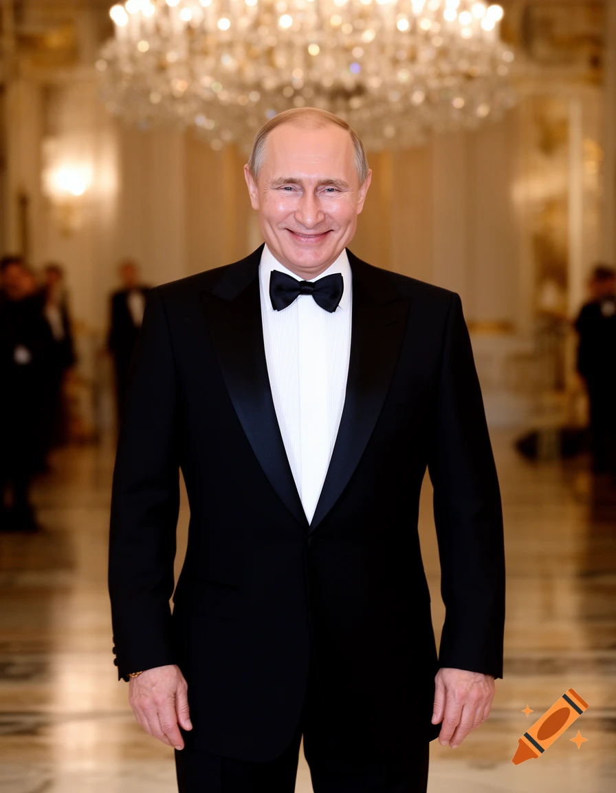 Vladimir Putin smiling in a black tuxedo with a bow tie, standing in a grand hall under a chandelier.