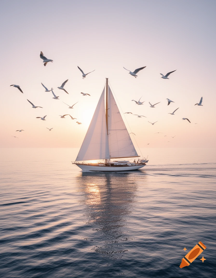 A white sailboat on calm waters, with many seagulls flying overhead at sunset.