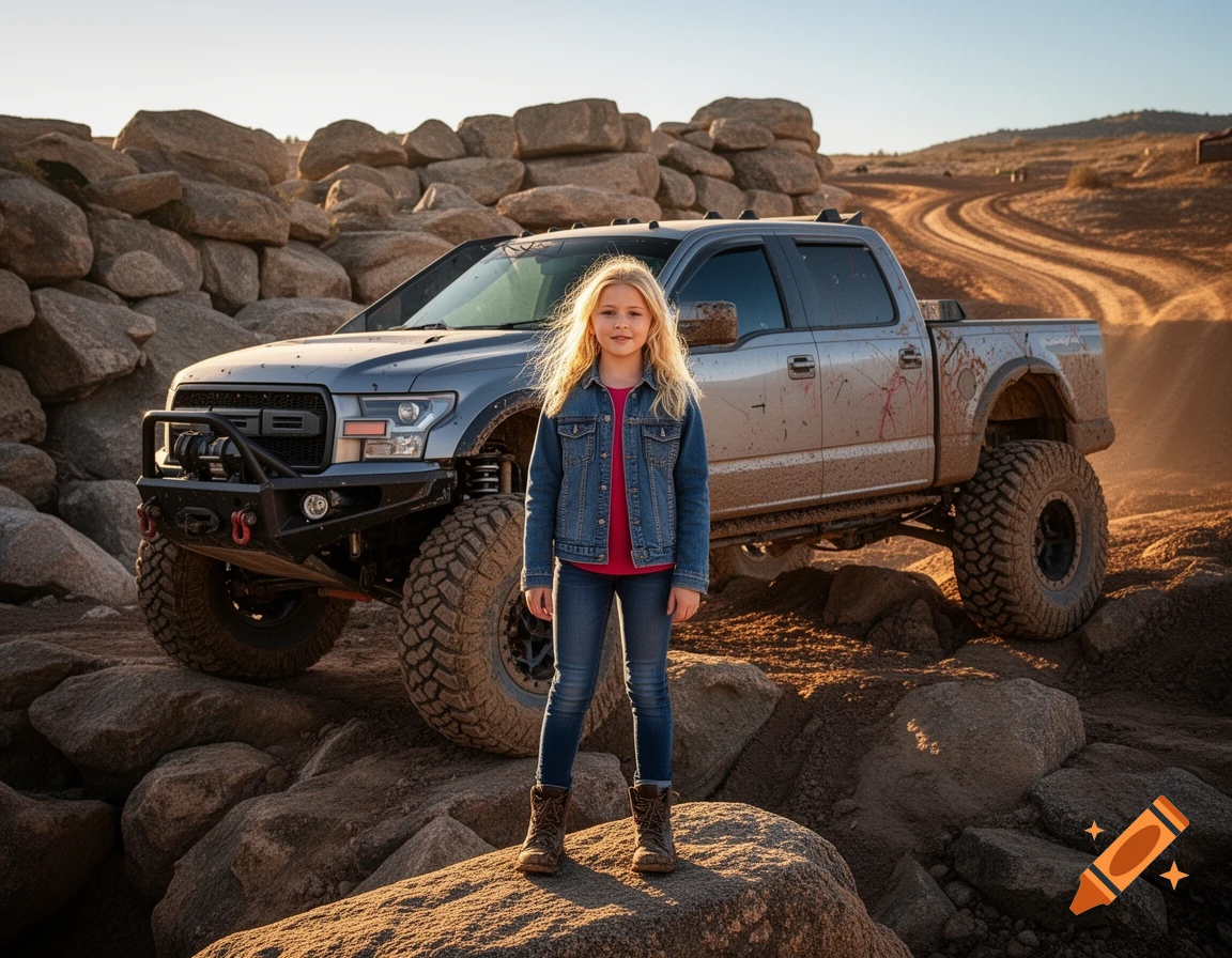 A blonde girl stands on rocks in front of a large, lifted gray pickup truck on a sunny off-road course.
