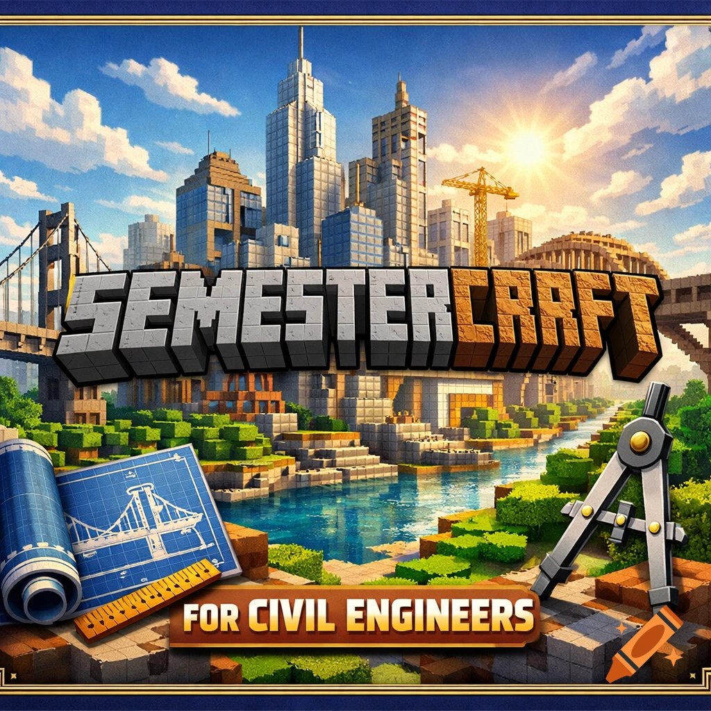 A Minecraft-style cityscape with tall buildings, a river, and bridges, under a sunny sky. Text reads "SEMESTERCRAFT FOR CIVIL ENGINEERS" with blueprints and a compass.