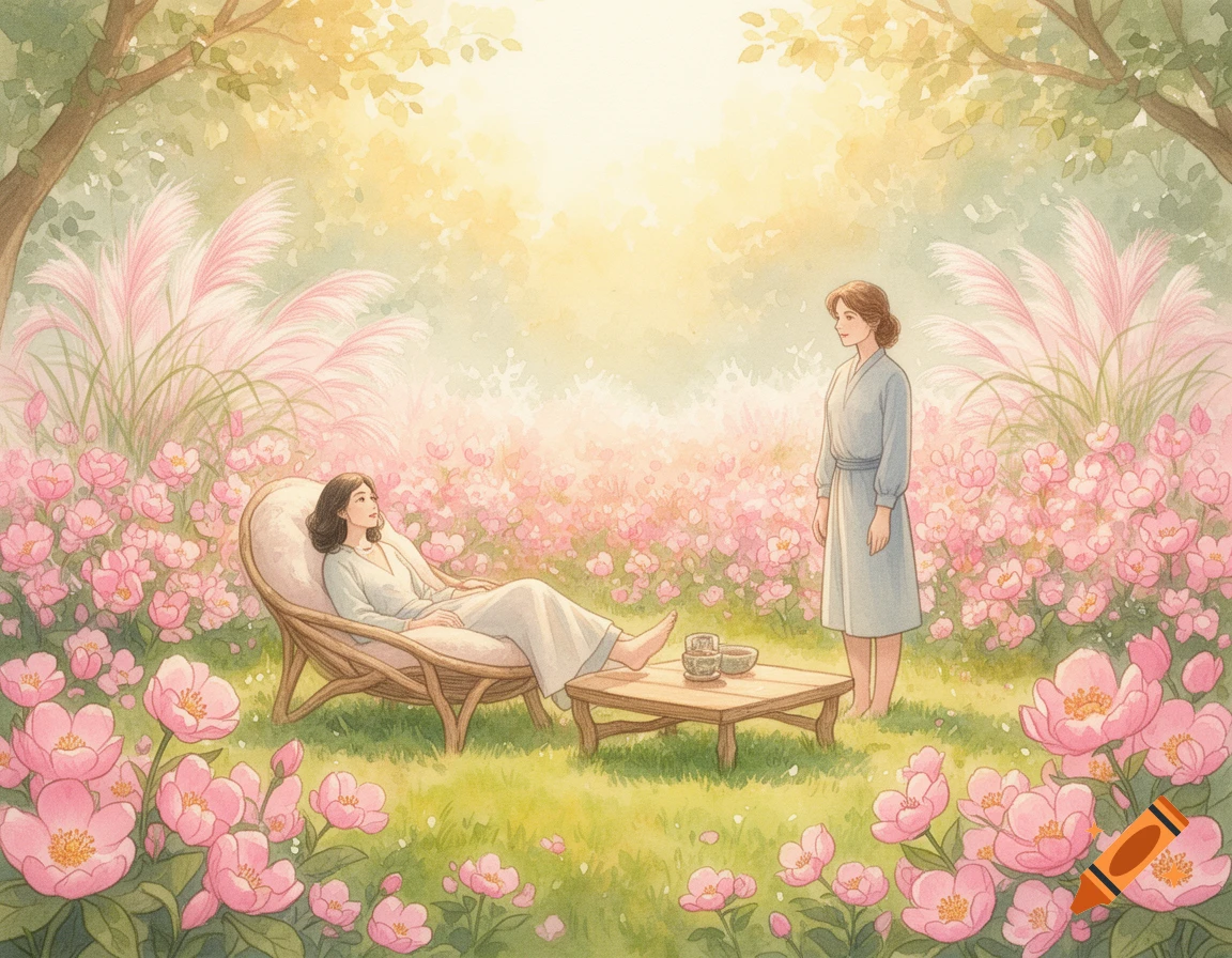 Watercolor illustration of two women in a lush spring garden with pink flowers, soft light, one lounging in a chair, the other standing nearby.