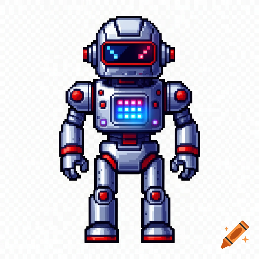 Front-facing silver pixel art robot with red trim and glowing blue and pink lights on a transparent background.
