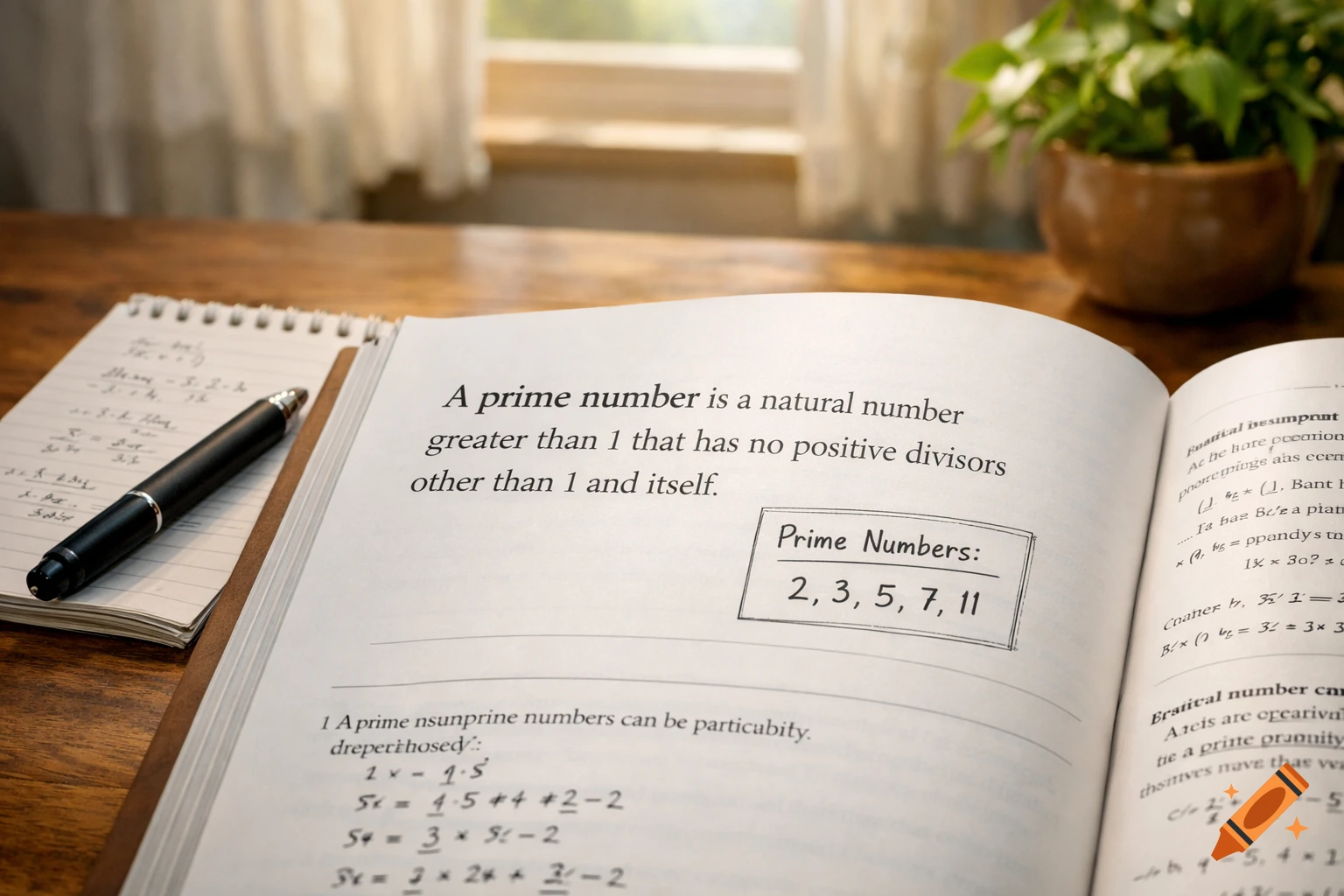 An open textbook showing the definition of a prime number and a list of primes, next to a notebook with handwritten calculations and a black pen on a wooden desk.