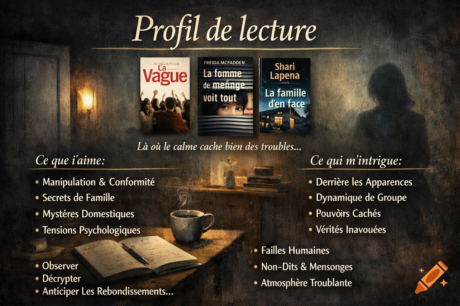A stylized reading profile in French, featuring three book covers: 'La Vague', 'La femme de ménage voit tout', and 'La famille d'en face'. Lists of preferred themes like 'Manipulation & Conformité' and 'Secrets de Famille' are displayed on a dark, atmospheric background with an open book and steaming mug.