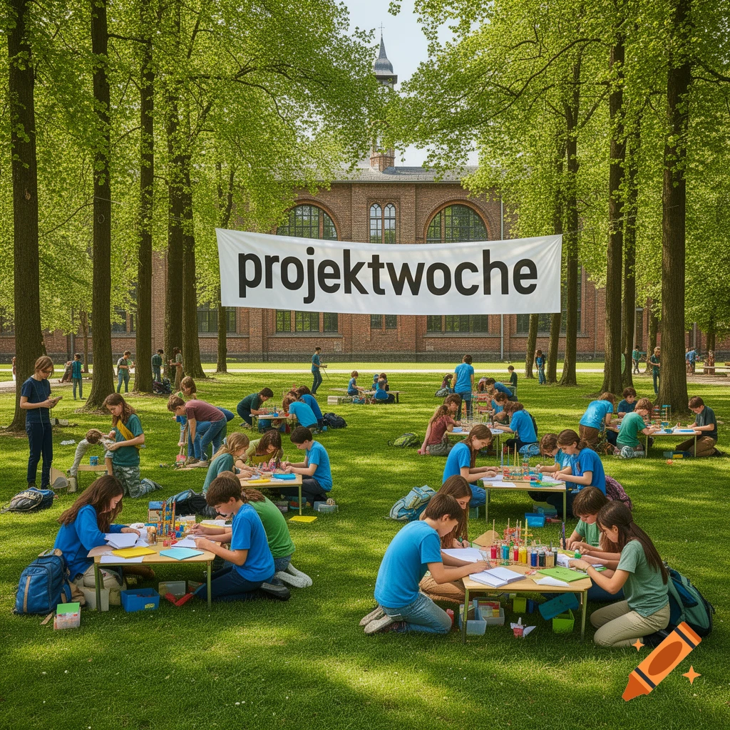 Children participate in a 'projektwoche' outdoor learning event, crafting at tables in a sunny park with trees and a brick building.