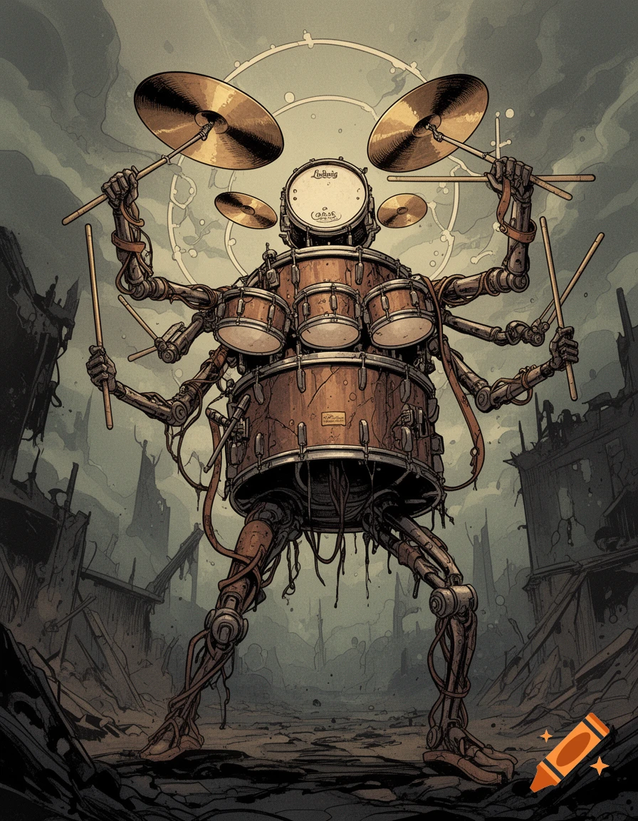 An industrial-style robot made from a vintage Ludwig drum kit stands in a desolate, post-apocalyptic landscape, holding drumsticks with multiple arms.