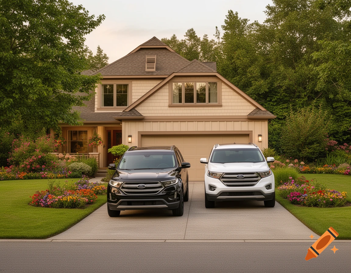 A beige two-story house with a brown roof and a well-kept lawn. Two SUVs, one black and one white, are parked side-by-side in the narrow driveway.