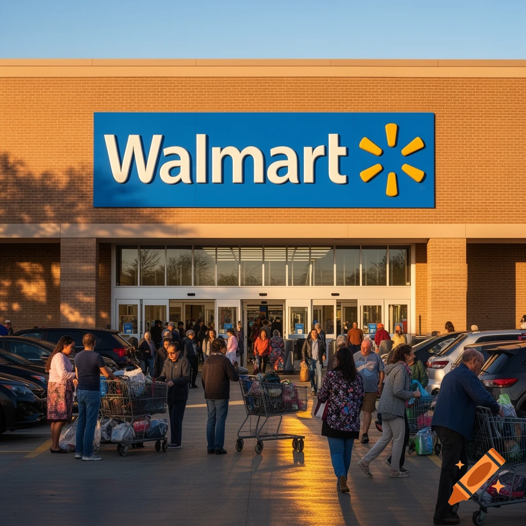 A busy Walmart store entrance at sunset with shoppers and their carts outside, bathed in golden light.