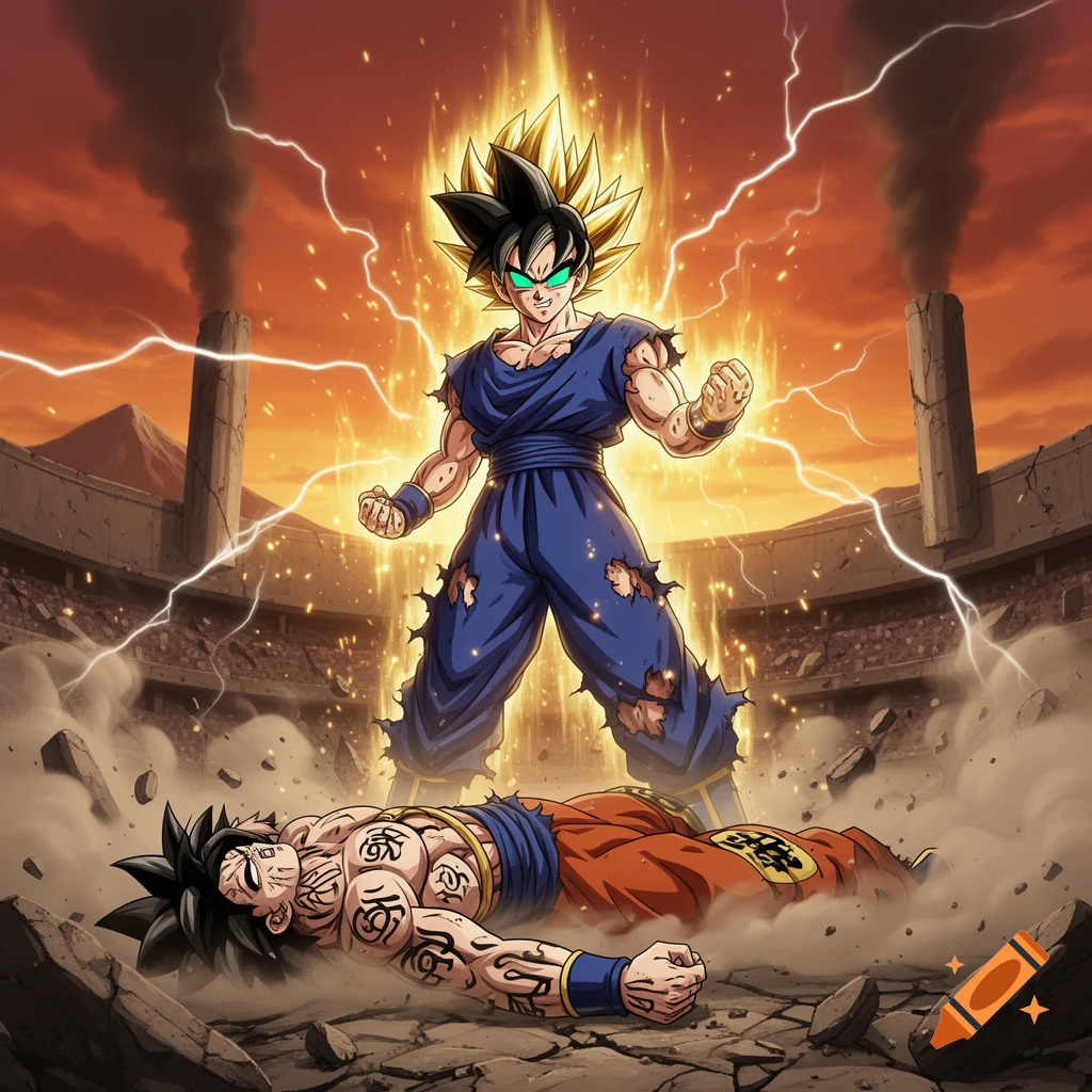 Anime style illustration of a glowing Goku standing over a defeated, tattooed character in a ruined arena.