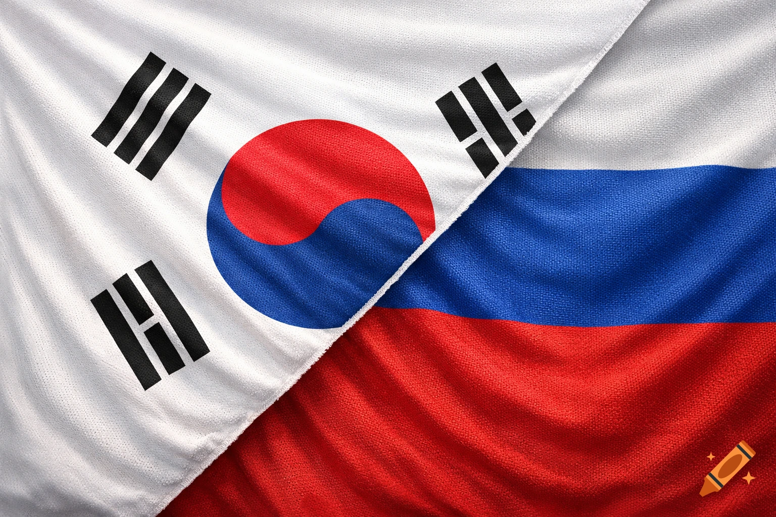 Diagonal split image of the fabric-textured flags of South Korea (left) and Russia (right).