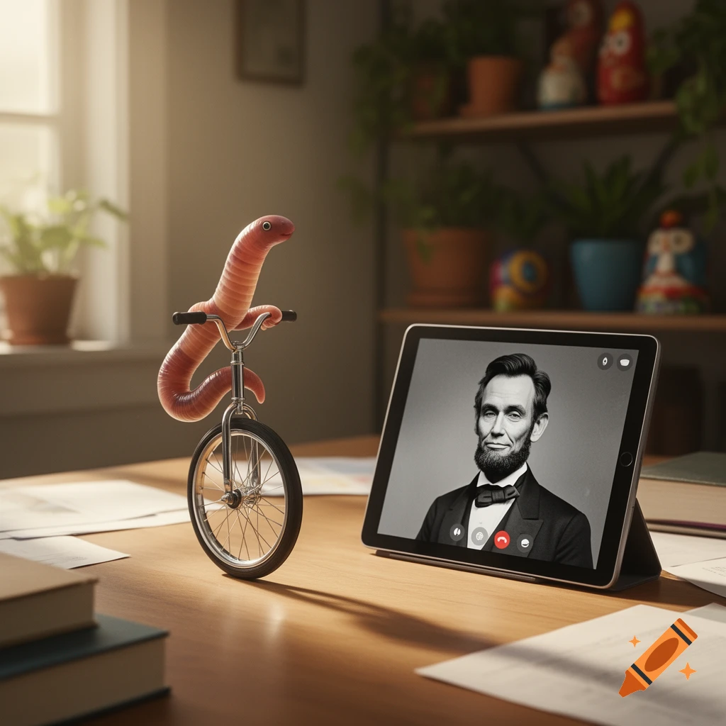 A worm on a unicycle sits on a wooden desk, engaged in a video call with Abraham Lincoln on a tablet.