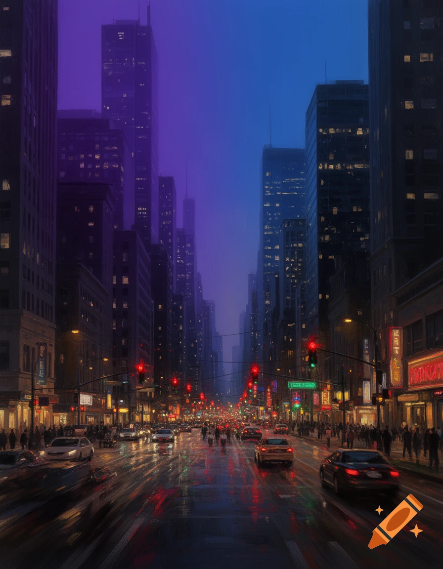 A vibrant, atmospheric painting of a busy city street at night after rain, with reflections on the wet asphalt and towering buildings against a purple-blue sky.