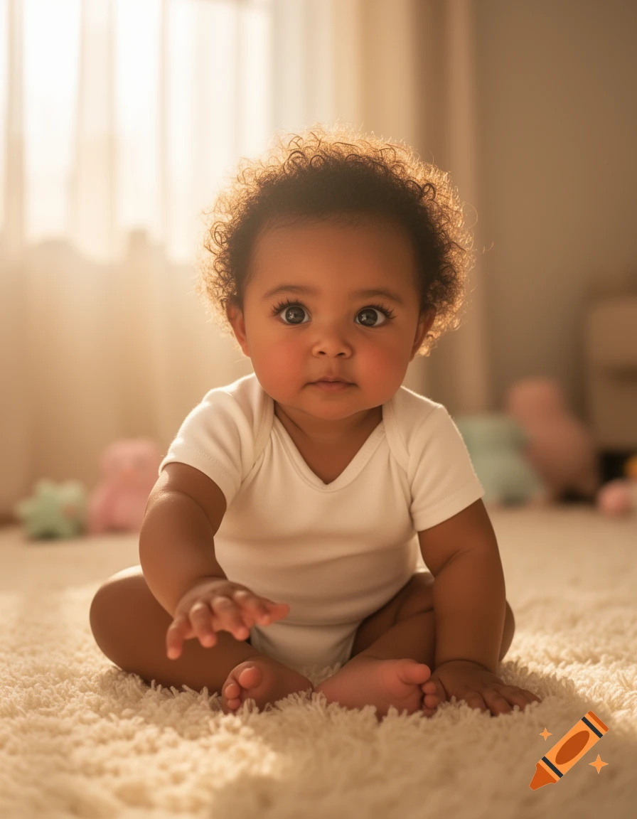 A cute brown-skinned baby with curly hair sits on a fluffy carpet, looking forward with wide eyes. Photorealistic.