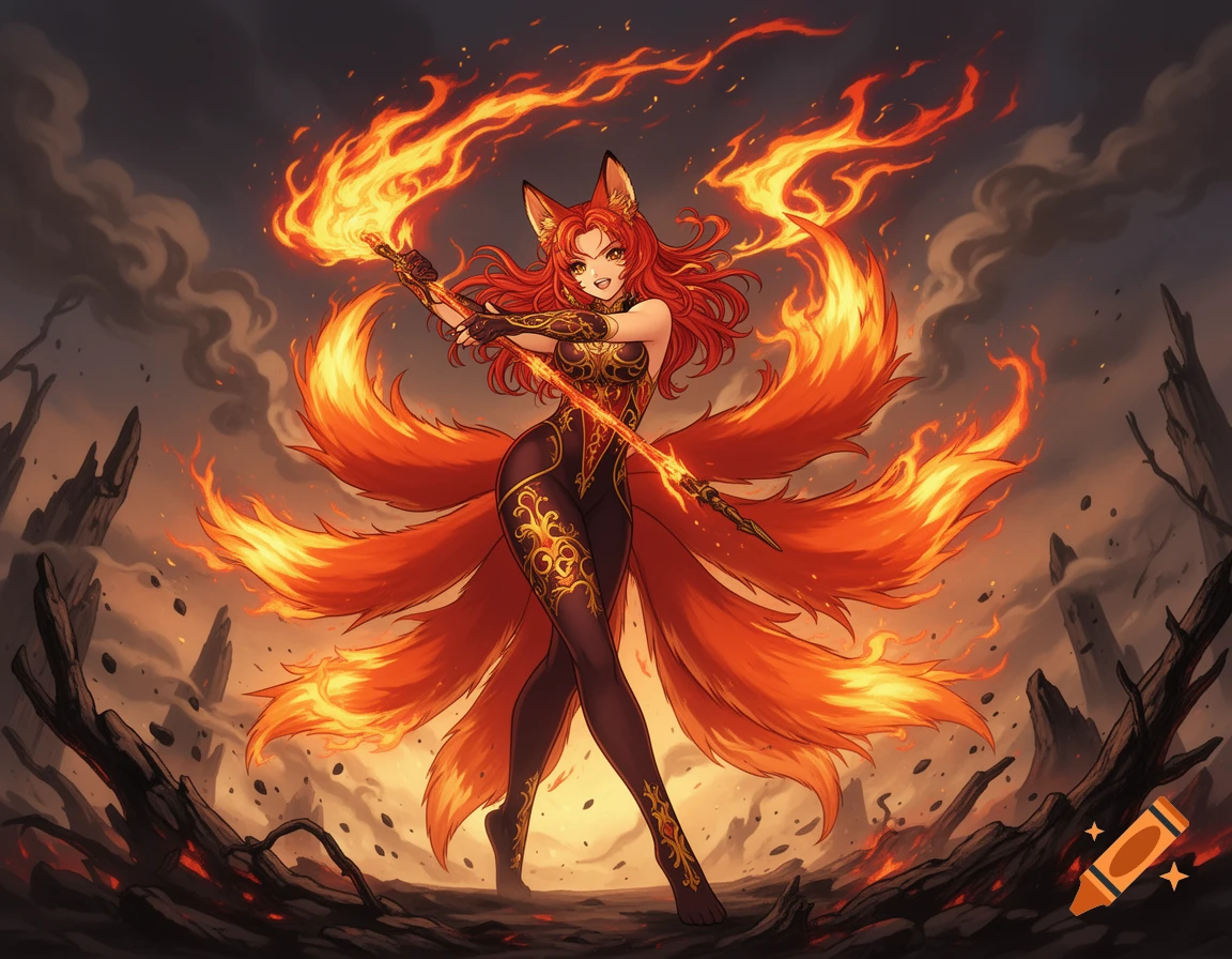 Red-haired anime kitsune with nine fiery tails, wielding a flaming staff in a smoky landscape.