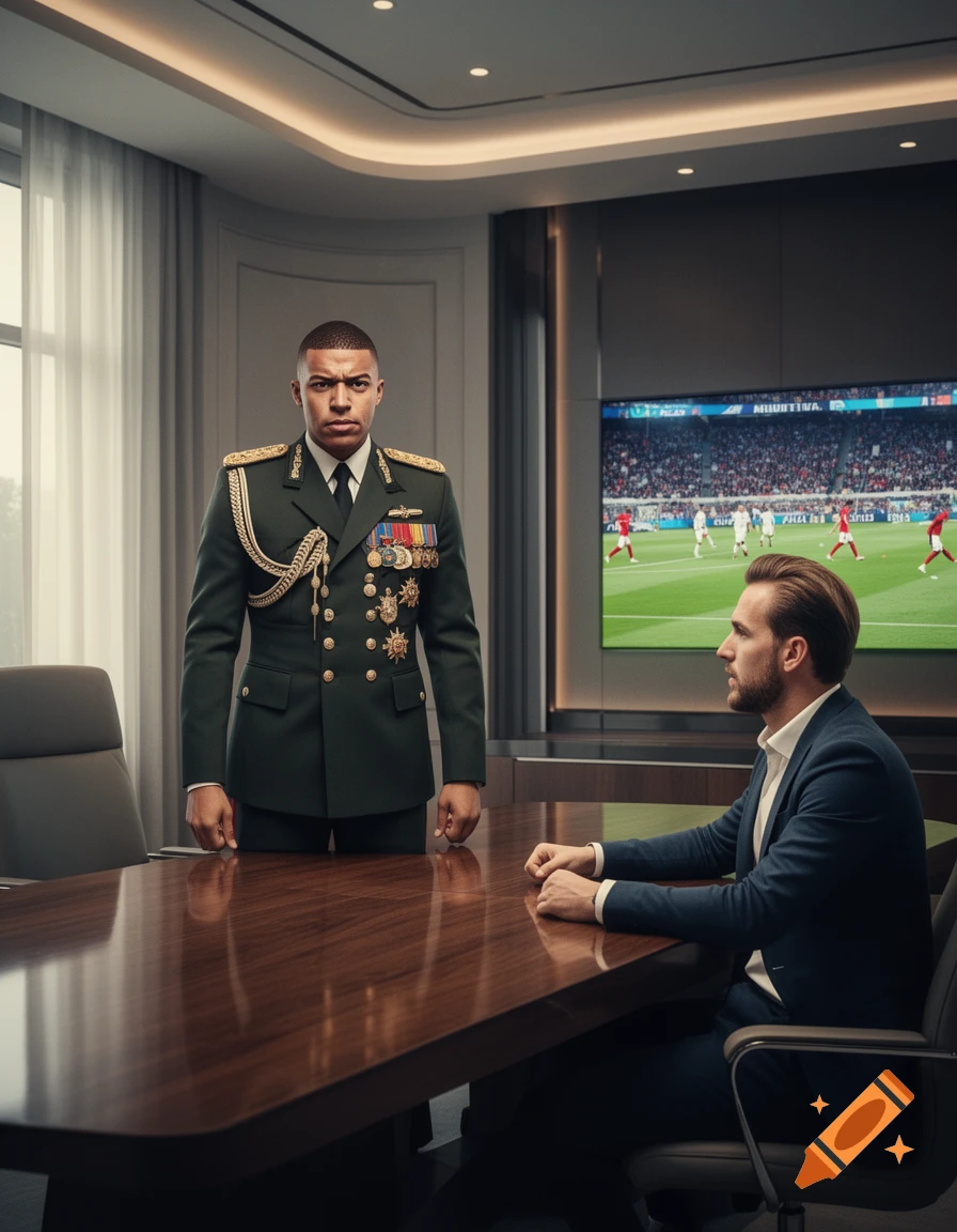 Kylian Mbapp in a military-style uniform stands at a boardroom table opposite a man resembling Harry Kane in a suit, with a soccer match playing on a large TV screen in the background.