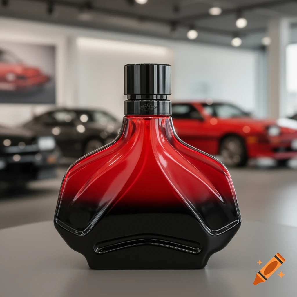 Red and black perfume bottle on a table in a car showroom with classic red cars in the blurred background.