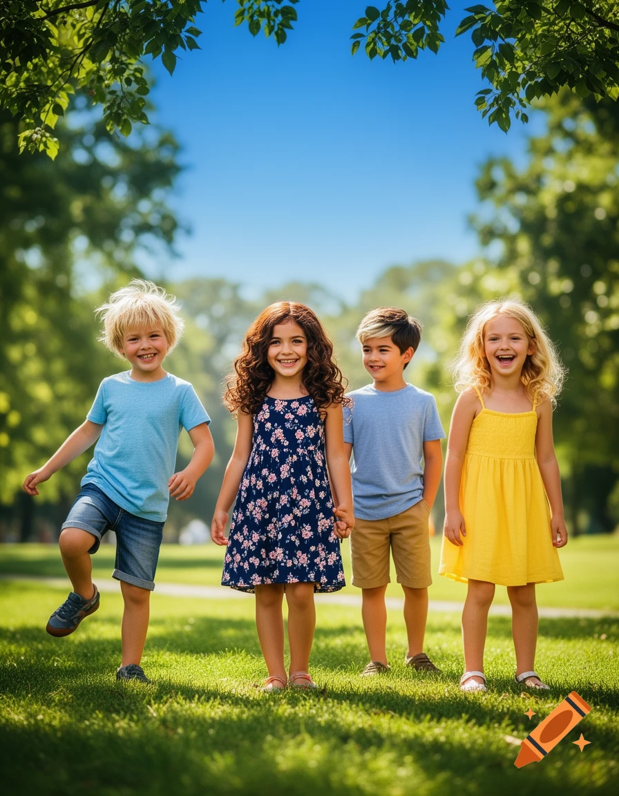 Four happy children, two boys and two girls, standing and smiling in a sunny park with green grass and trees.