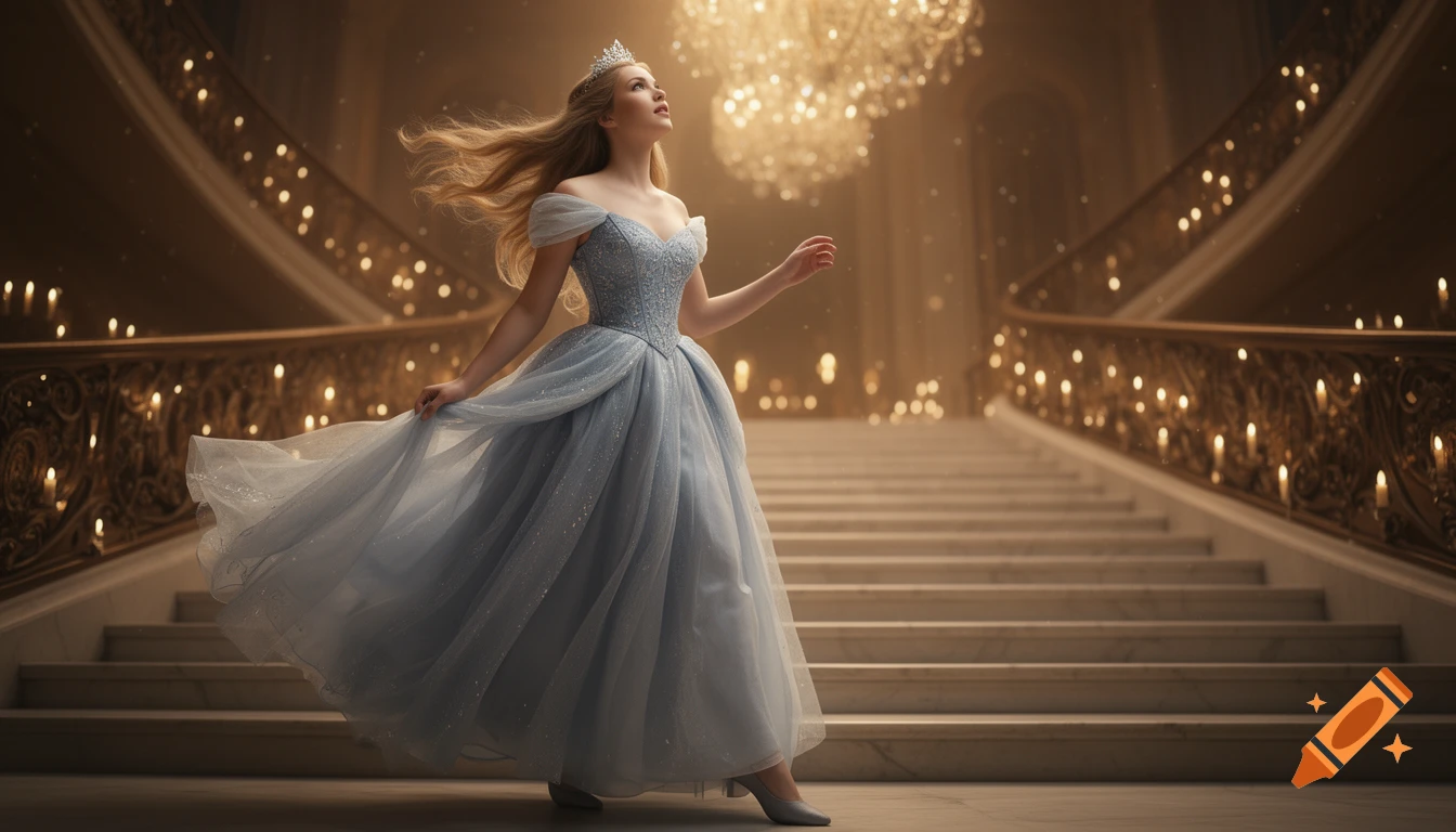 A woman in a sparkling light blue ball gown and tiara steps gracefully down a grand, candlelit marble staircase in a hyper-realistic style.