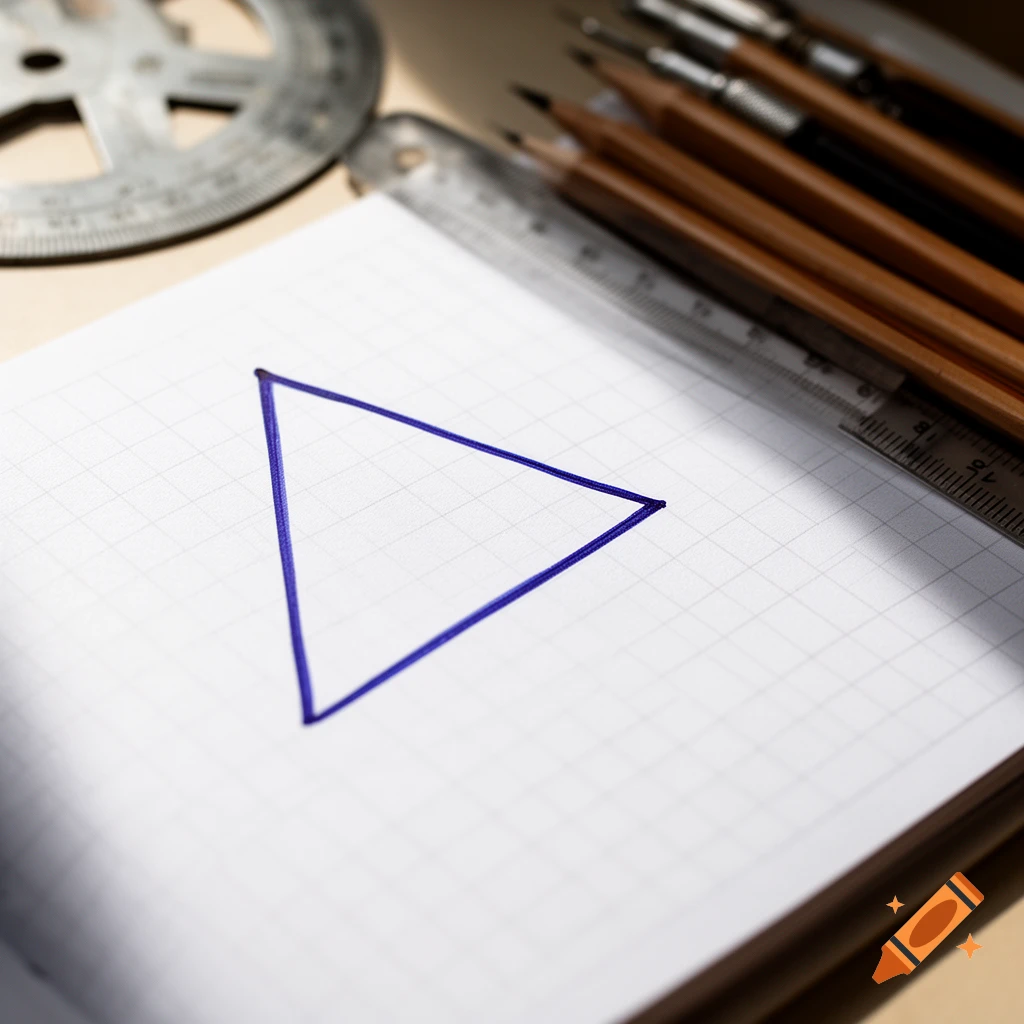 A blue triangle drawn on grid paper in a notebook, with a protractor, ruler, and pencils in the background.