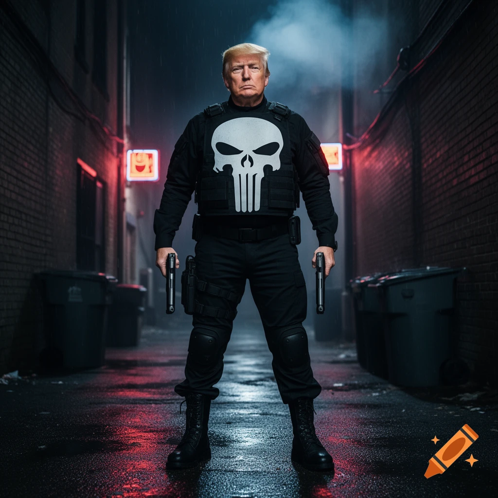 Photorealistic image of Donald Trump dressed as The Punisher, wearing a tactical vest with a skull, holding two pistols in a dark, wet alley.