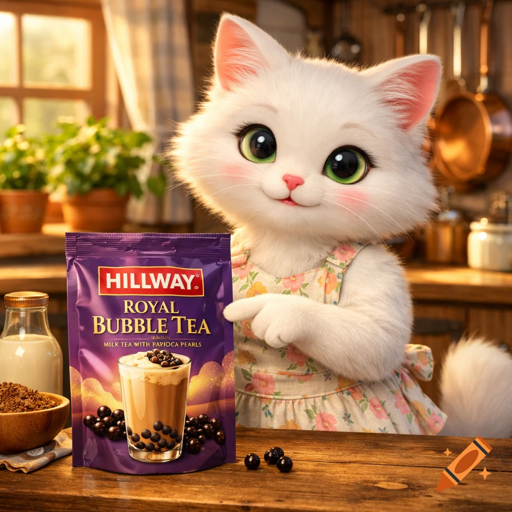 A cute 3D animated white cat in a floral apron points at a 'Hillway Royal Bubble Tea' package in a cozy kitchen.