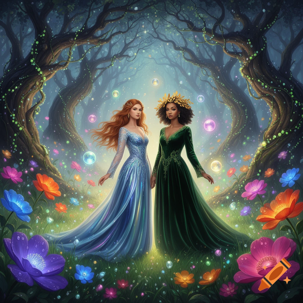 Two women in flowing gowns stand in a vibrant magical forest surrounded by glowing bubbles and colorful flowers.