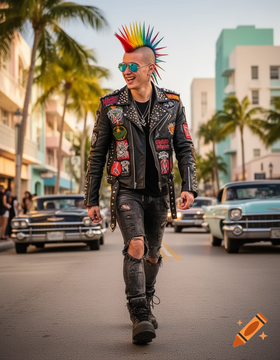 A smiling punk man with a vibrant rainbow mohawk, sunglasses, and a studded leather jacket walks down a street in Miami, past classic cars and palm trees.