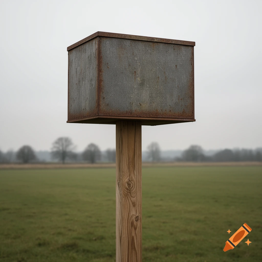 A rusty metal box sits atop a wooden pole in a green field under a cloudy, grey sky.