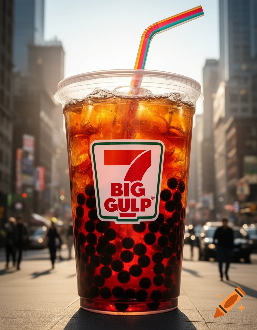 A giant 7-Eleven Big Gulp cup filled with boba stands on a city street, towering over people and cars, in a photorealistic style.