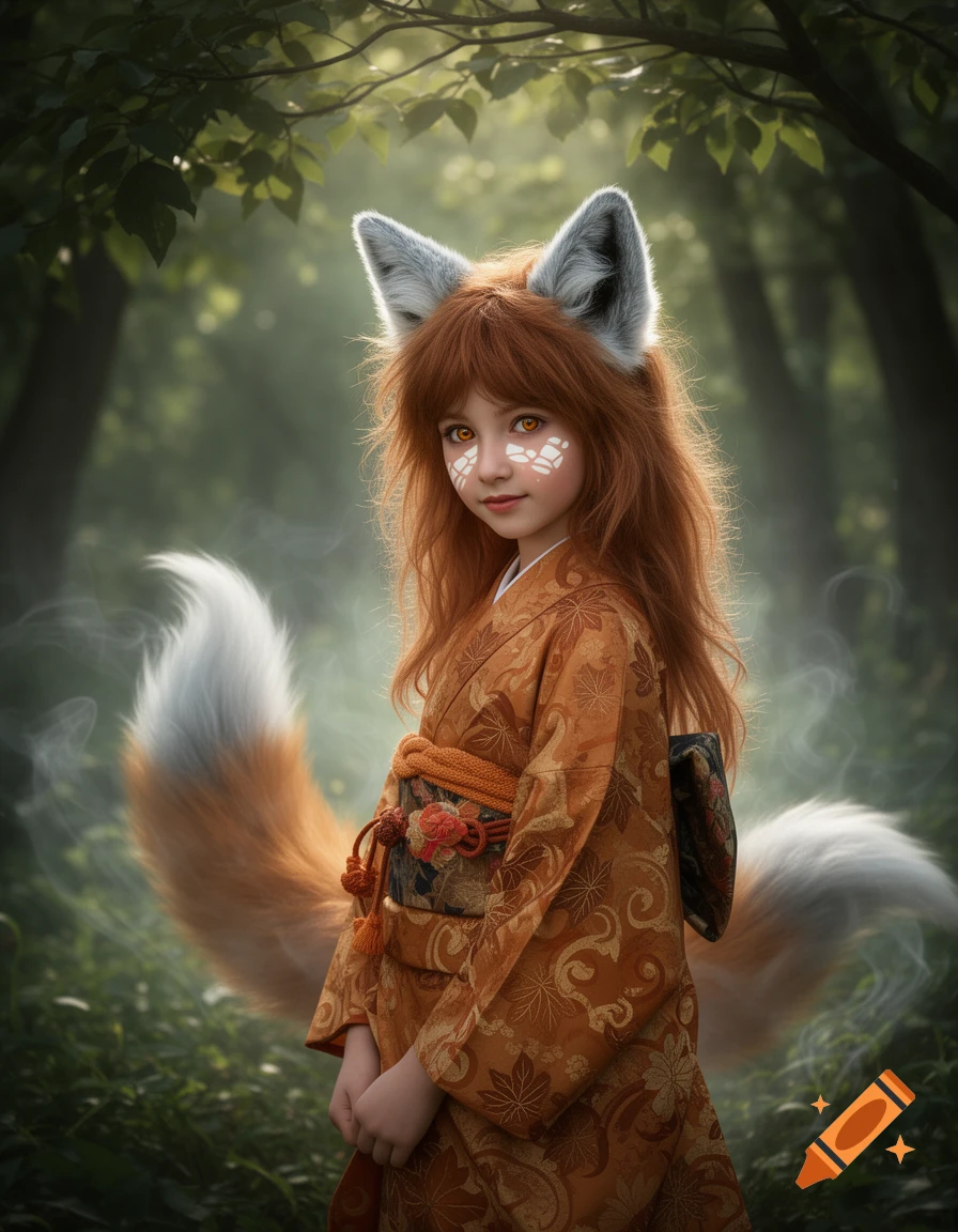 A young girl with red hair, fox ears, and a fluffy fox tail wears an orange kimono with patterns, standing in a mystical forest.