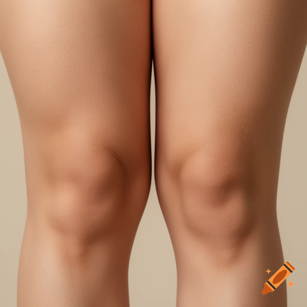 Close-up photorealistic image of two human knees and upper thighs on a plain background.