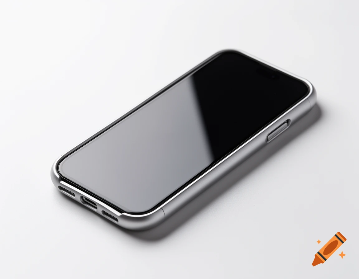 A silver smartphone with a dark, reflective screen lies angled on a pristine white surface, casting a subtle shadow.