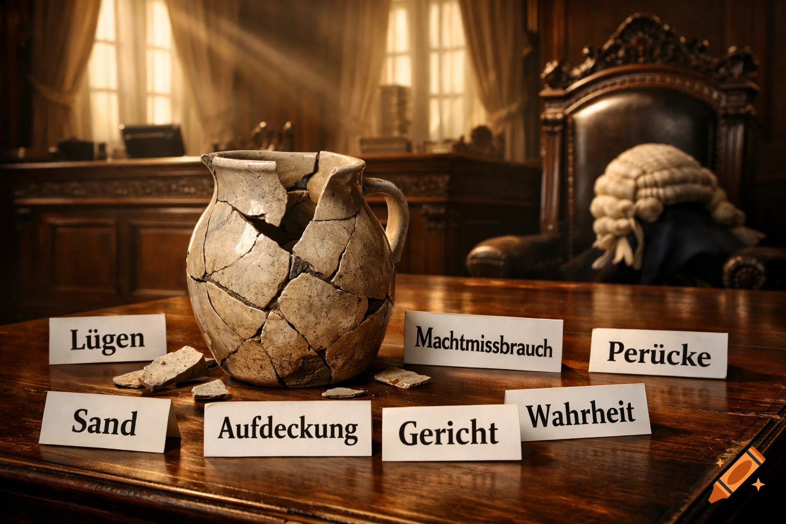A broken ceramic pot on a wooden table in a courtroom, surrounded by paper labels with German words like 'Lügen' (lies), 'Machtmissbrauch' (abuse of power), 'Gericht' (court), and 'Wahrheit' (truth). A judge's wig rests on a chair in the background.