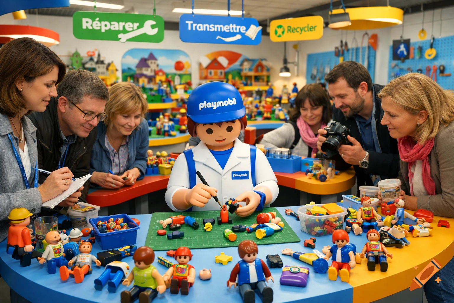 A large Playmobil figure in a lab coat repairs a toy, surrounded by adults observing in a colorful Playmobil workshop.