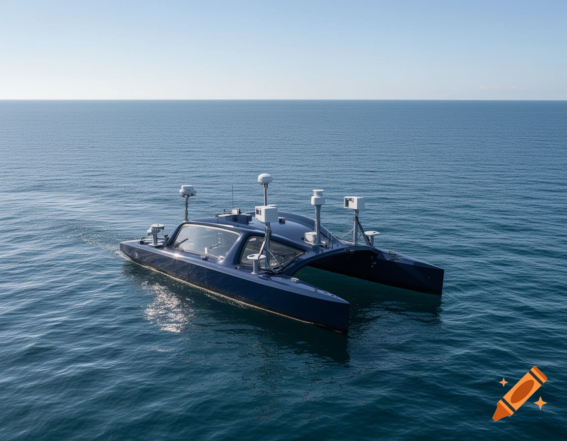 A dark blue catamaran boat with multiple sensors floats on a calm blue ocean.