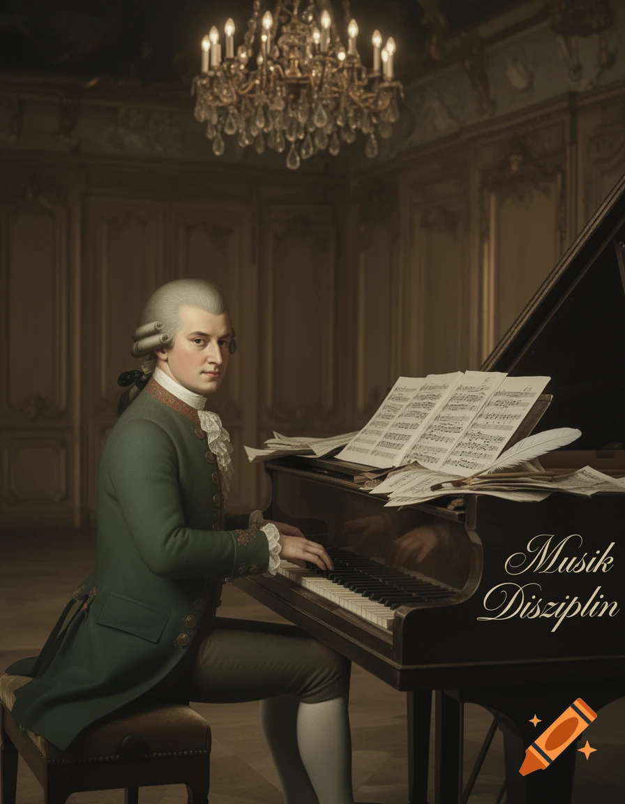 A man resembling Mozart in a powdered wig and green coat plays a grand piano in an opulent room with a chandelier. The piano reads 'Musik Disziplin'.