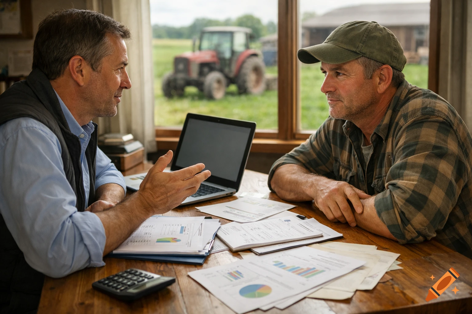 Two men, one a farmer, discuss documents and a laptop at a wooden table in a farmhouse office, a tractor visible outside.