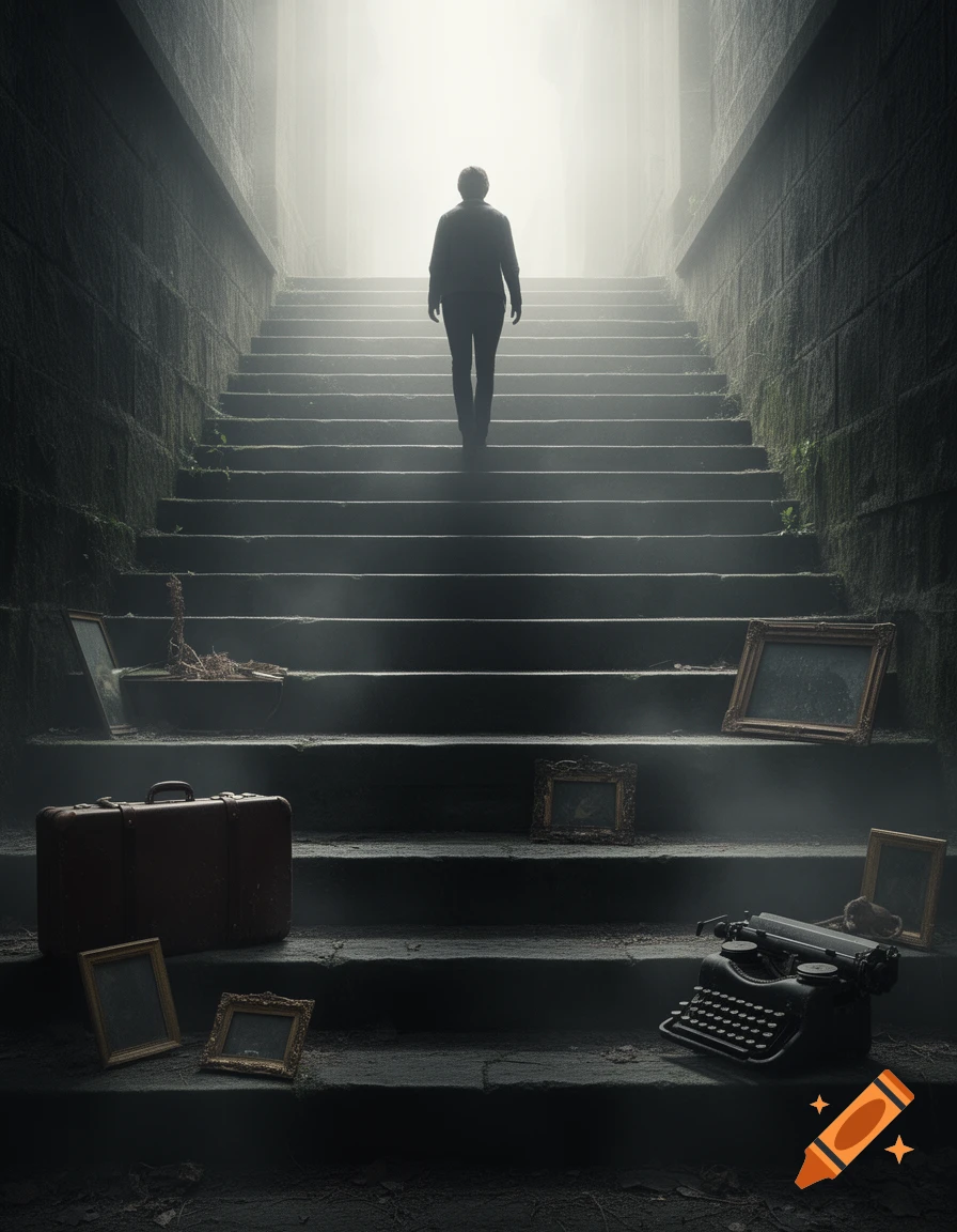 A silhouette climbs misty stairs toward light, past old objects like a suitcase and typewriter in the dark.
