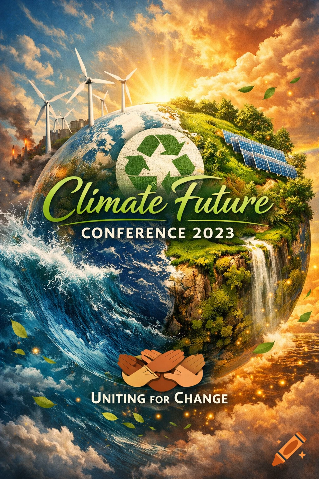Vibrant poster of a globe split into polluted and green sides with renewable energy, water, and text "Climate Future Conference 2023".