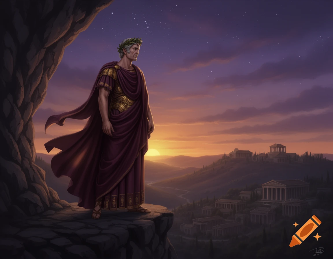 An illustrated Roman emperor in a purple toga and laurel wreath stands on a cliff overlooking an ancient city at sunset.