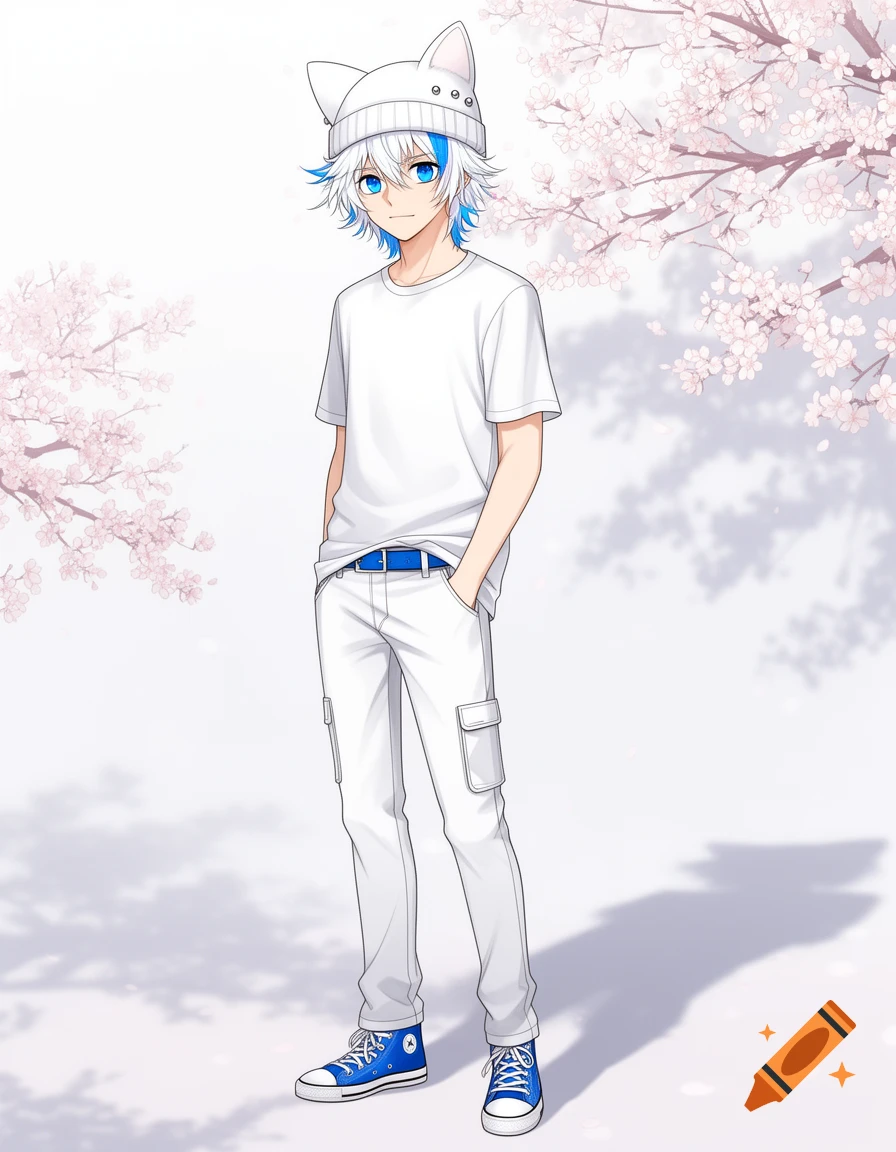 Anime boy with white hair, blue streaks, blue eyes, white cat-ear beanie, white outfit with blue accents, standing under cherry blossoms.
