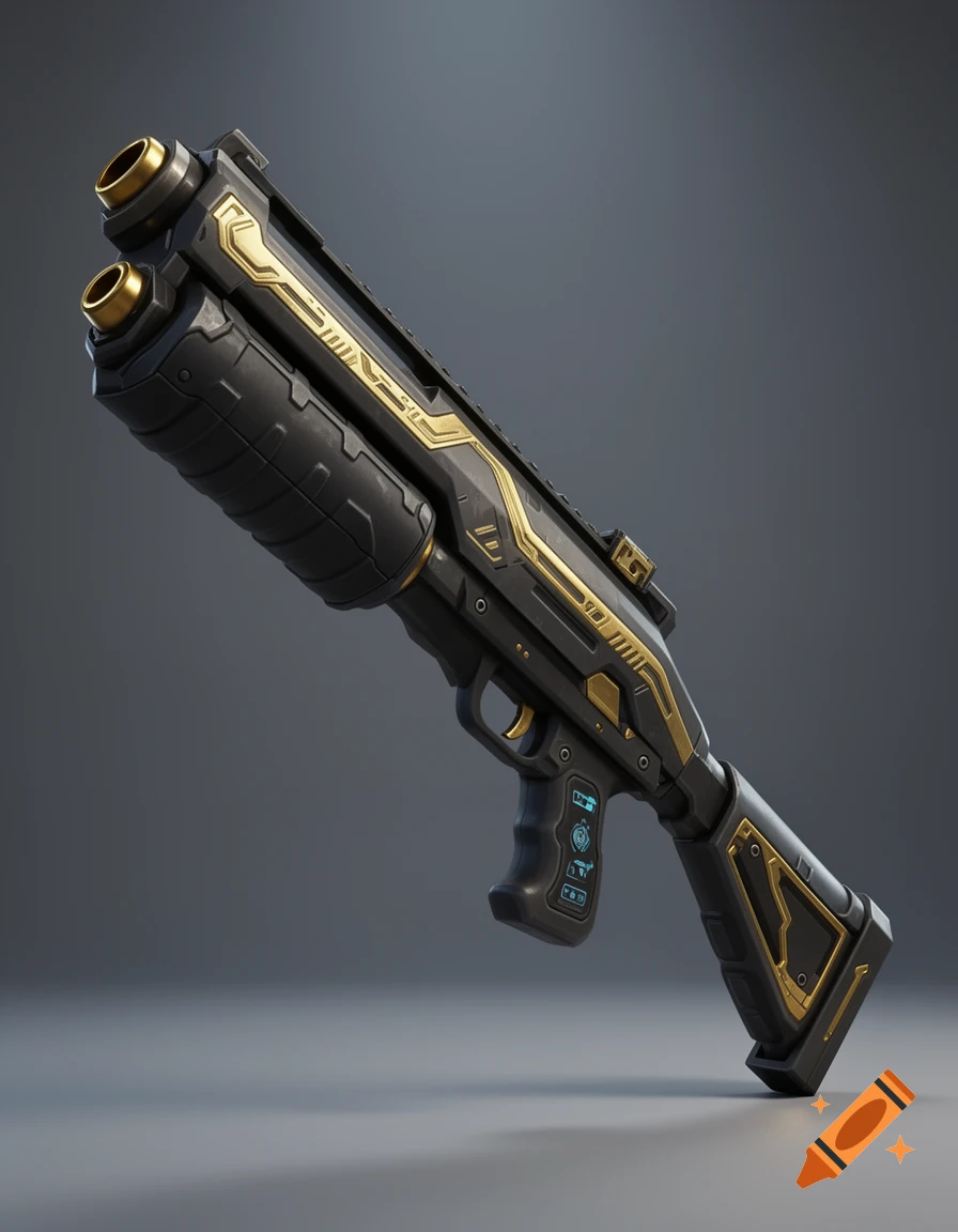 A bulky black and gold futuristic shotgun with a sci-fi display on the grip, set against a dark grey background.