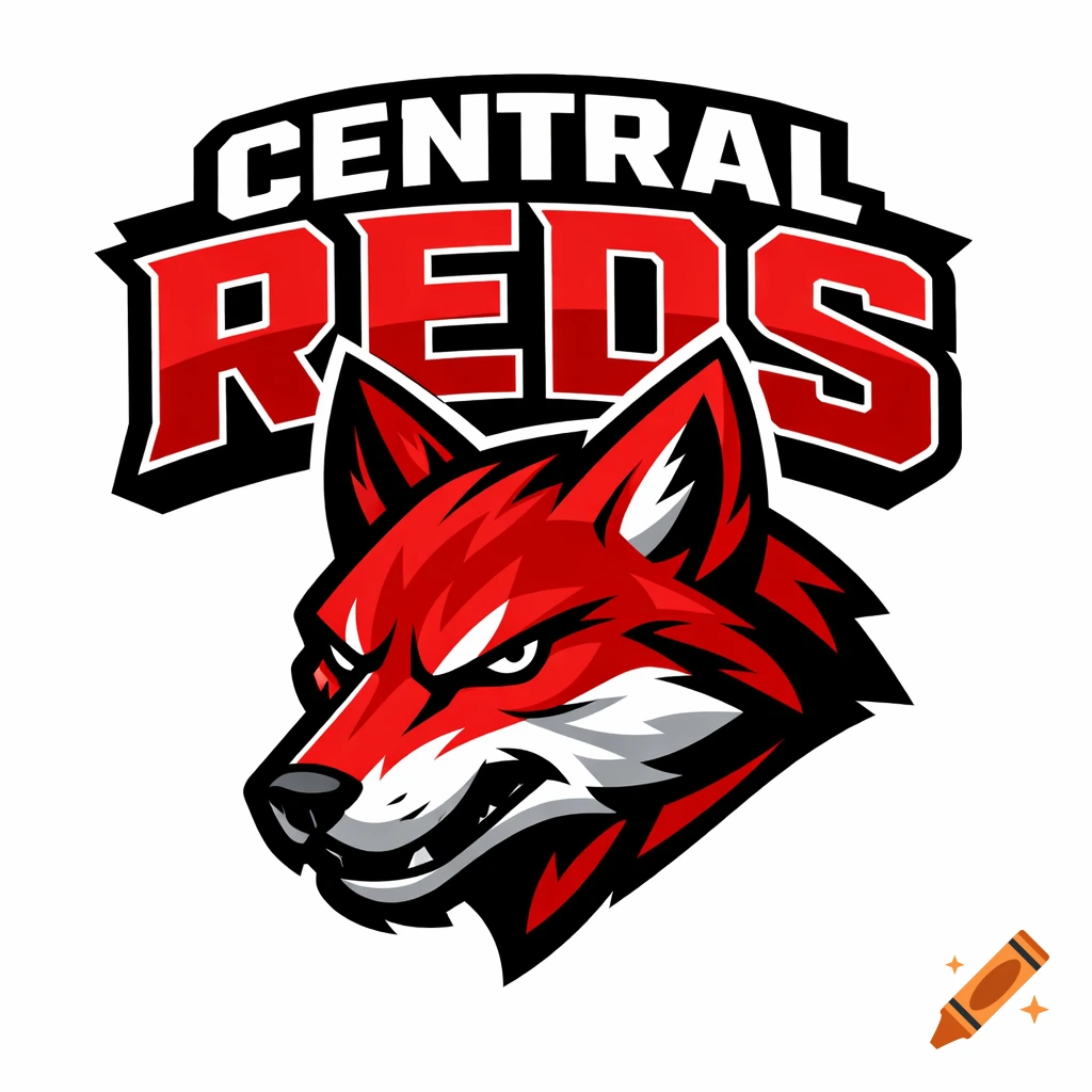 Stylized logo of a fierce red, white, and gray dingo head above the words 'CENTRAL REDS' in bold, outlined text.