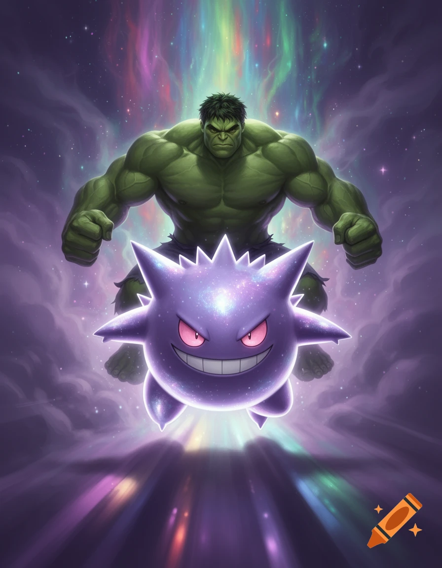 Hulk with a galaxy-patterned Gengar in a vibrant cosmic, aurora-lit background, digital art style.