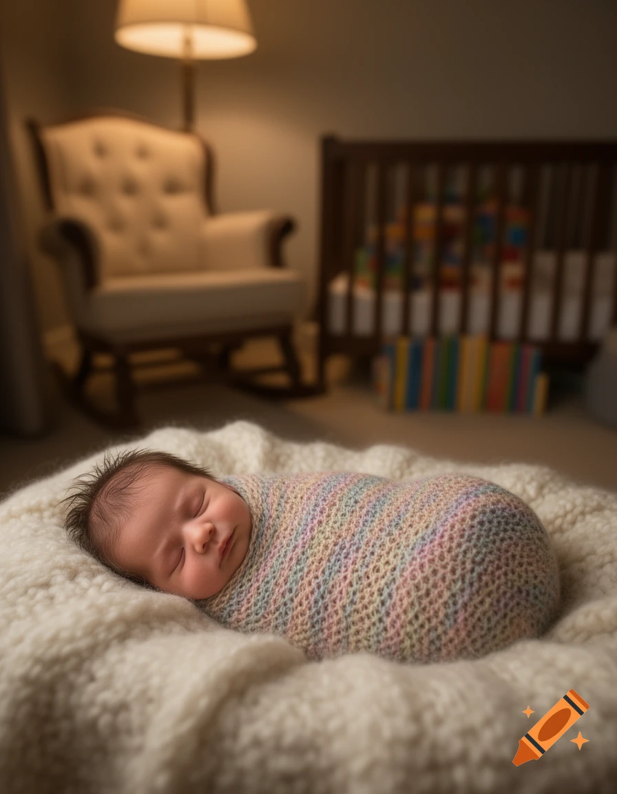 A newborn baby, wrapped in a pastel-colored blanket, sleeps peacefully on a soft white blanket in a dimly lit nursery.